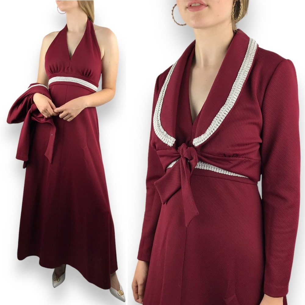 1960s custom made A-line halter maroon hippie dress with matching cropped jacket